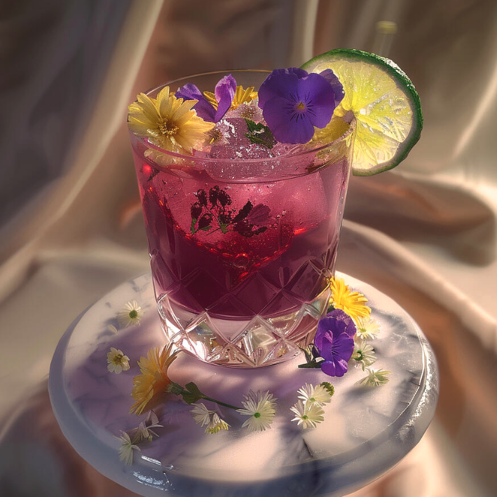 Réalisation d'un cocktail sans alcool floral d'une cooleur pourpre, pour la formation en ligne mocktail : Formation Barman