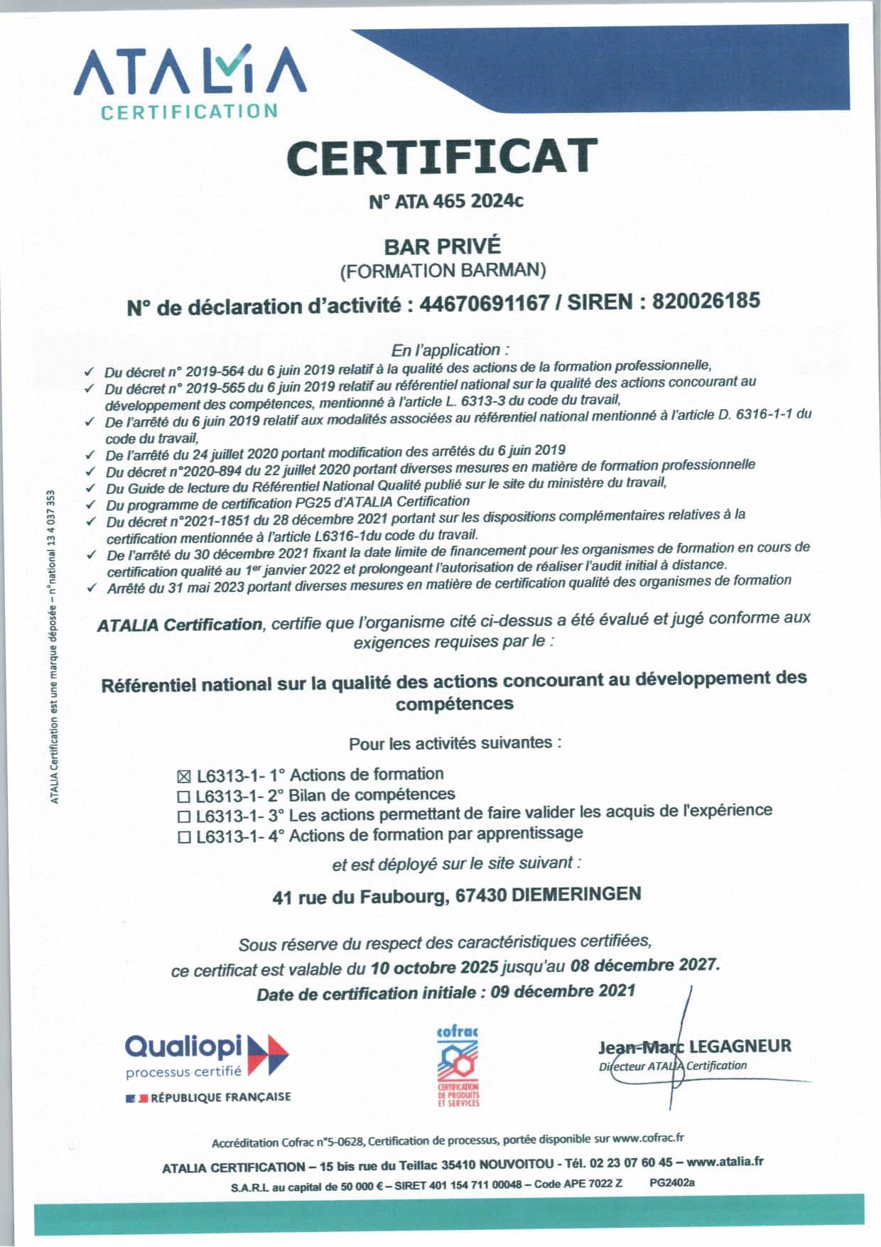 Certificat Qualiopi ATALIA — Bar Privé (Formation Barman), valable du 10 octobre 2025 au 8 décembre 2027